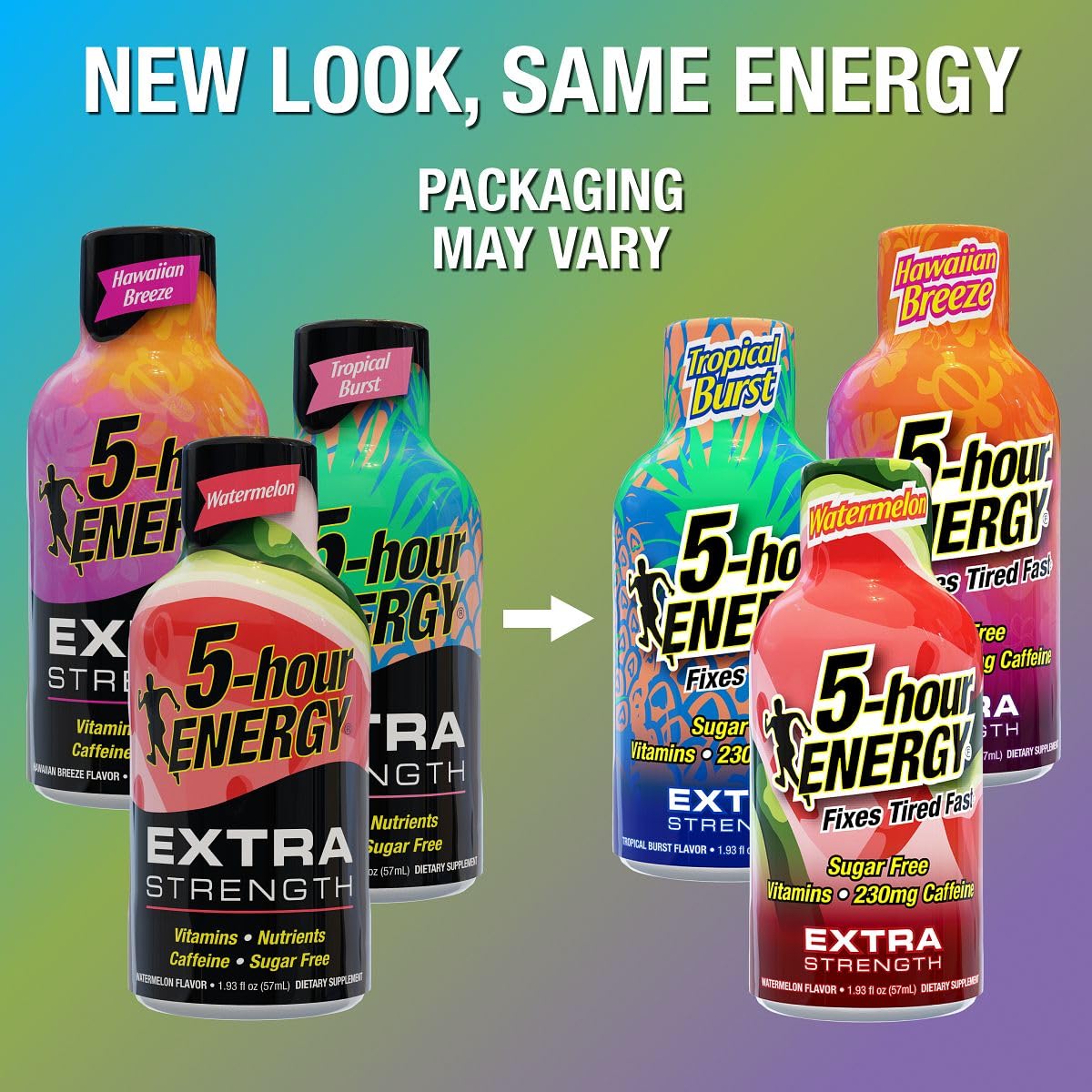 5-hour ENERGY etiqueta destacada, facilita identificar el sabor y uso inmediato.
