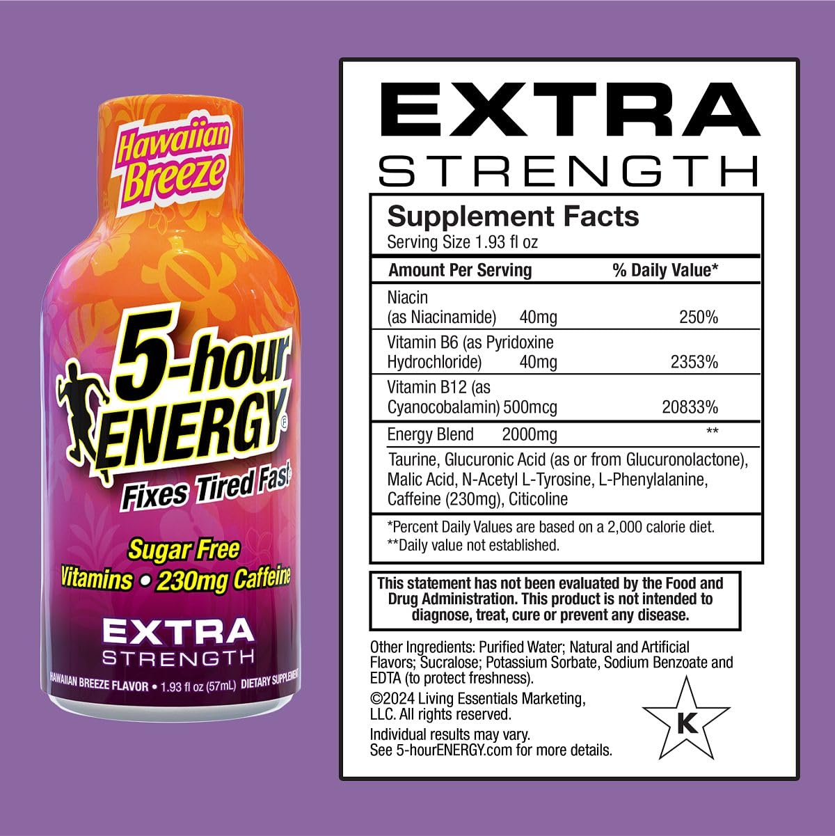 5-hour ENERGY Extra Strength Hawaiian Breeze, primer plano del empaque, sabor tropical sin azúcar