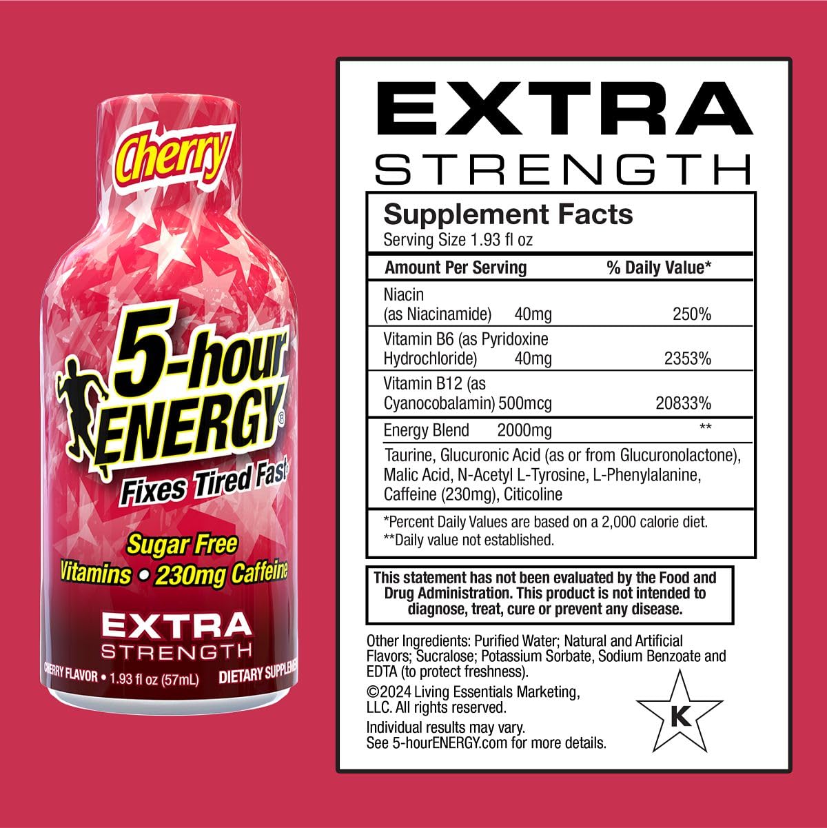 Etiqueta frontal de 5-hour ENERGY Shot Cereza revela sabor y marca