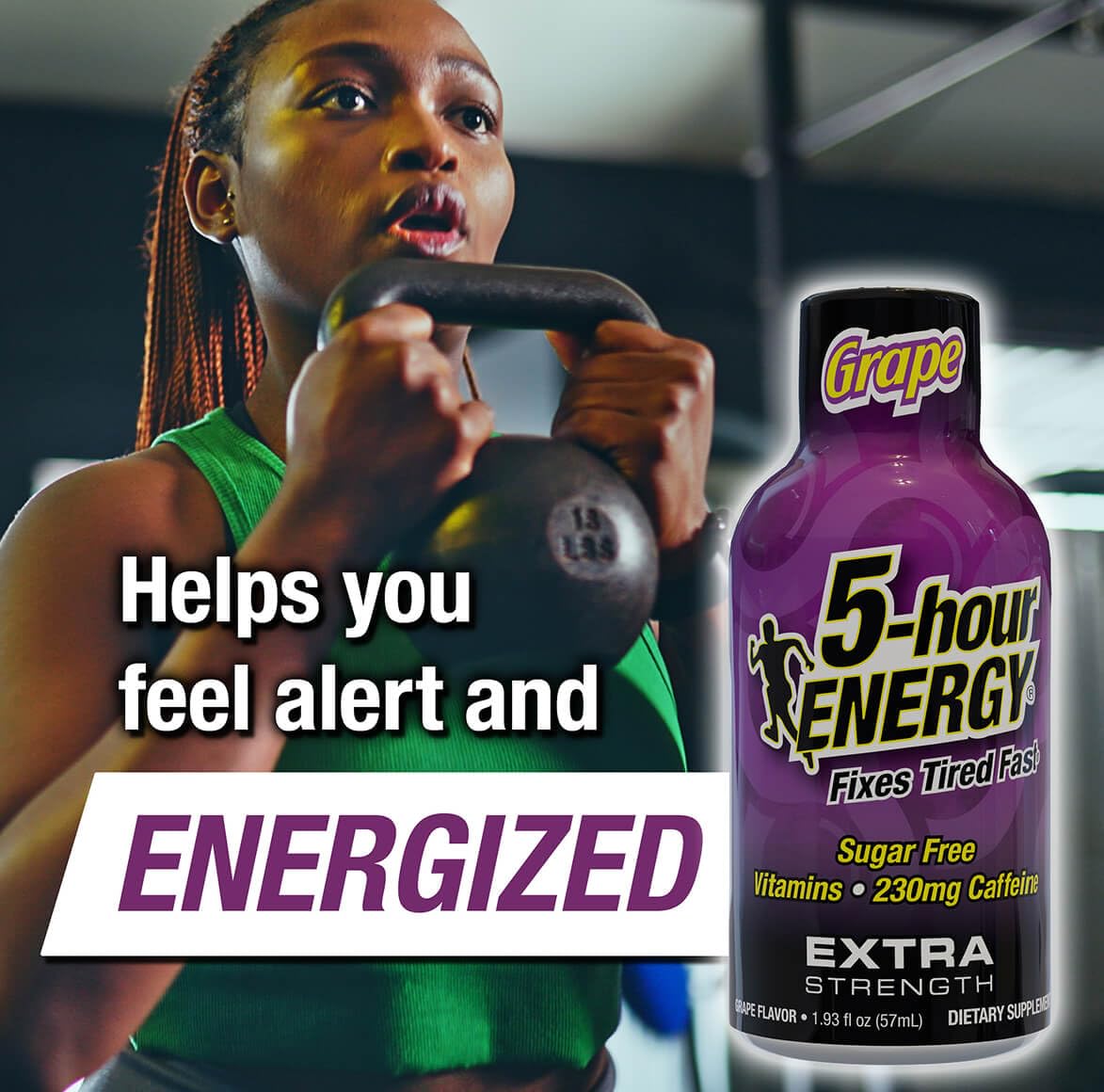 5-hour ENERGY Shot etiqueta sabor uva, sabor intenso para días ocupados.