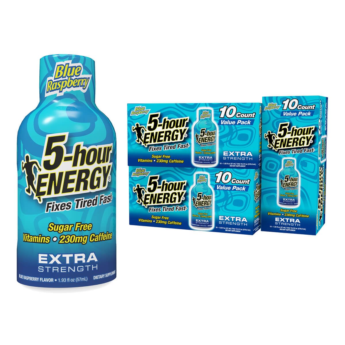 5-hour ENERGY Shot Extra Strength Frambuesa Azul, envase compacto para energía rápida.