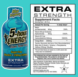 Mano sosteniendo 5-hour ENERGY Shot Extra Strength de sabor Frambuesa Azul.