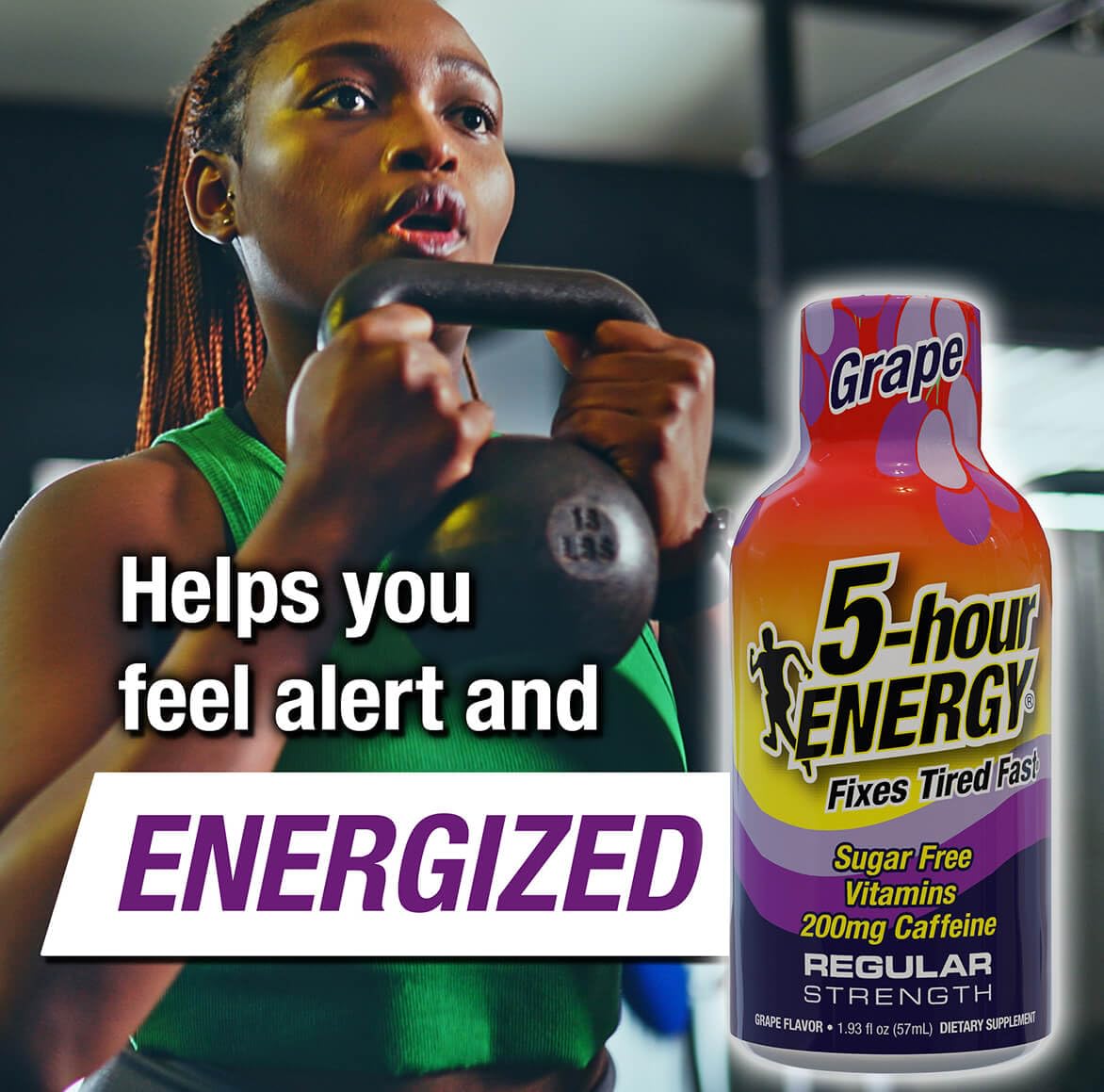 Etiqueta de 5-hour ENERGY Shots sabor uva mostrando vitaminas y aminoácidos.