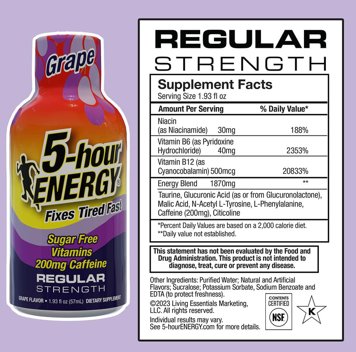 Lata de 5-hour ENERGY Shots sabor uva, etiqueta con información de cafeína.