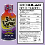 Lata de 5-hour ENERGY Shots sabor uva, etiqueta con información de cafeína.