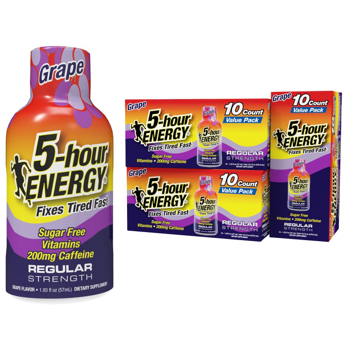 Botella de 5-hour ENERGY Shots sabor uva, impulso rápido para estudiar.