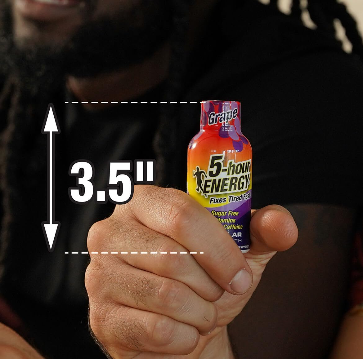 Uso diario de 5-hour ENERGY Shots sabor uva para mantener la concentración.