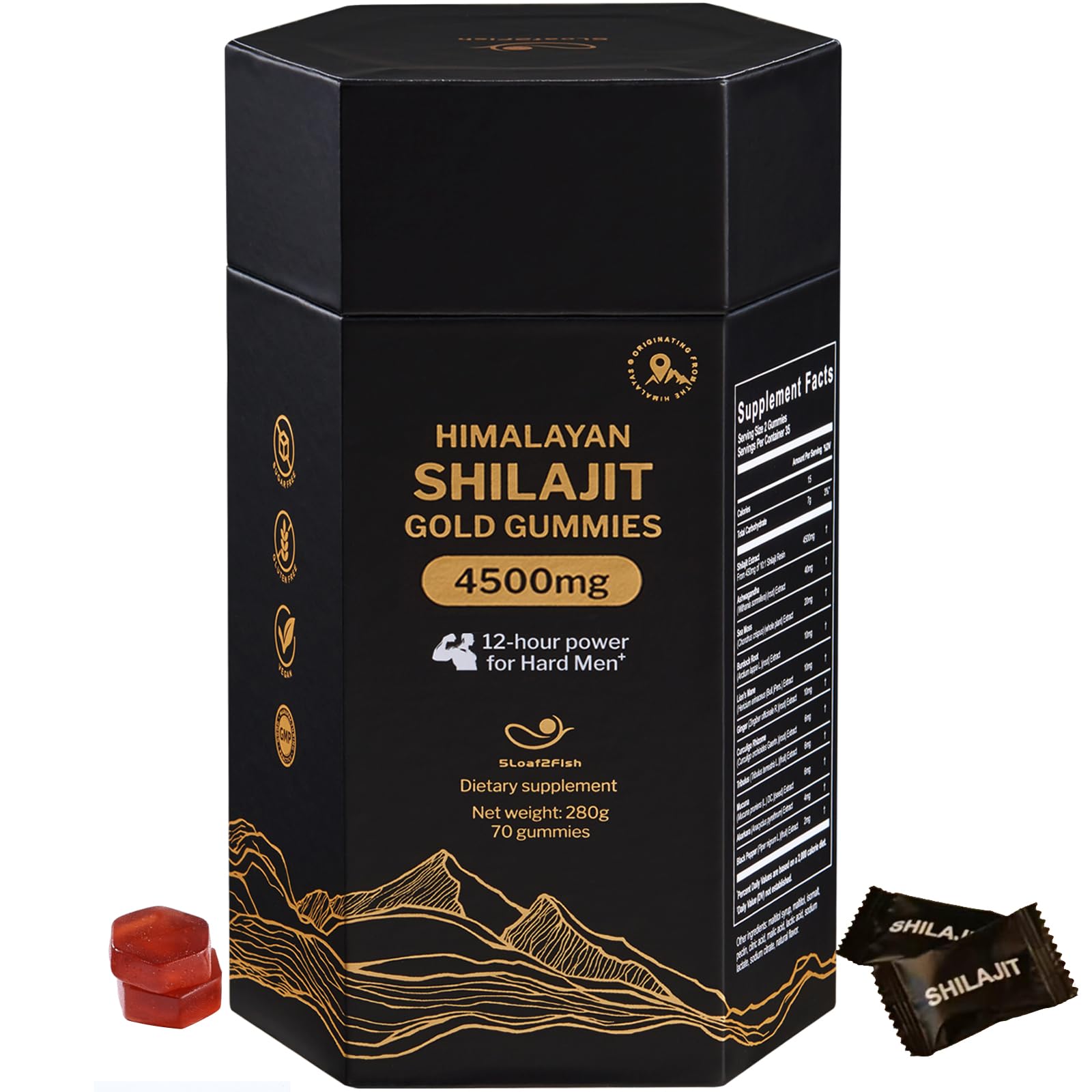 Gomitas 5Loaf2Fish Shilajit con ingredientes clave y minerales visibles para apoyo nutricional diario.