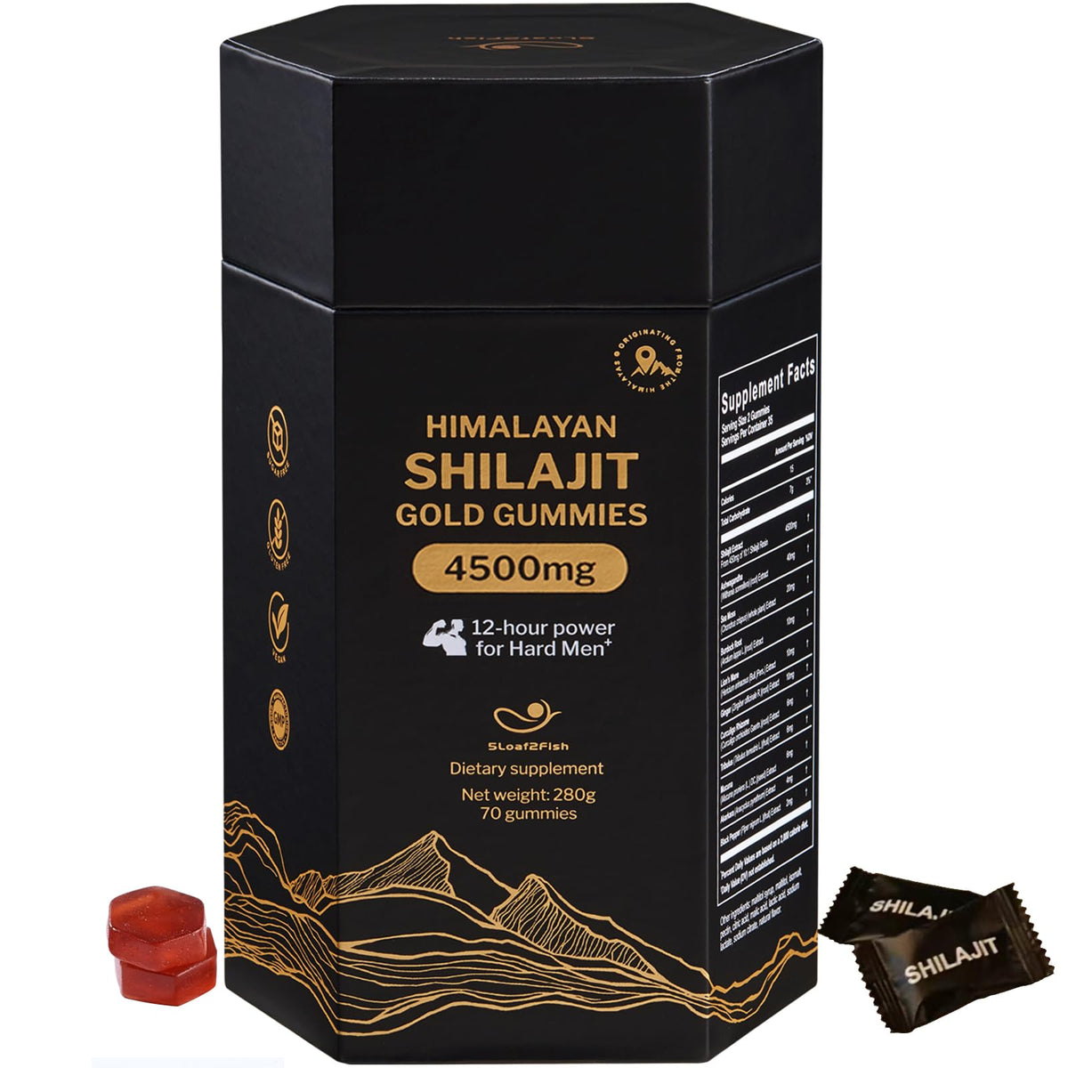 Gomitas 5Loaf2Fish Shilajit con ingredientes clave y minerales visibles para apoyo nutricional diario.