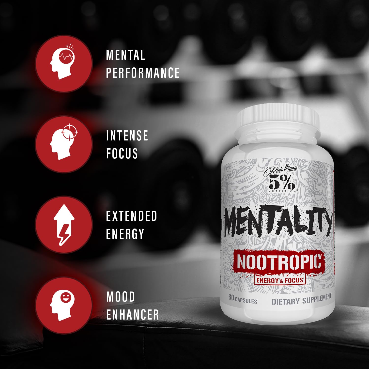 5% Nutrition Rich Piana Mentality ingredientes clave para enfoque sostenido