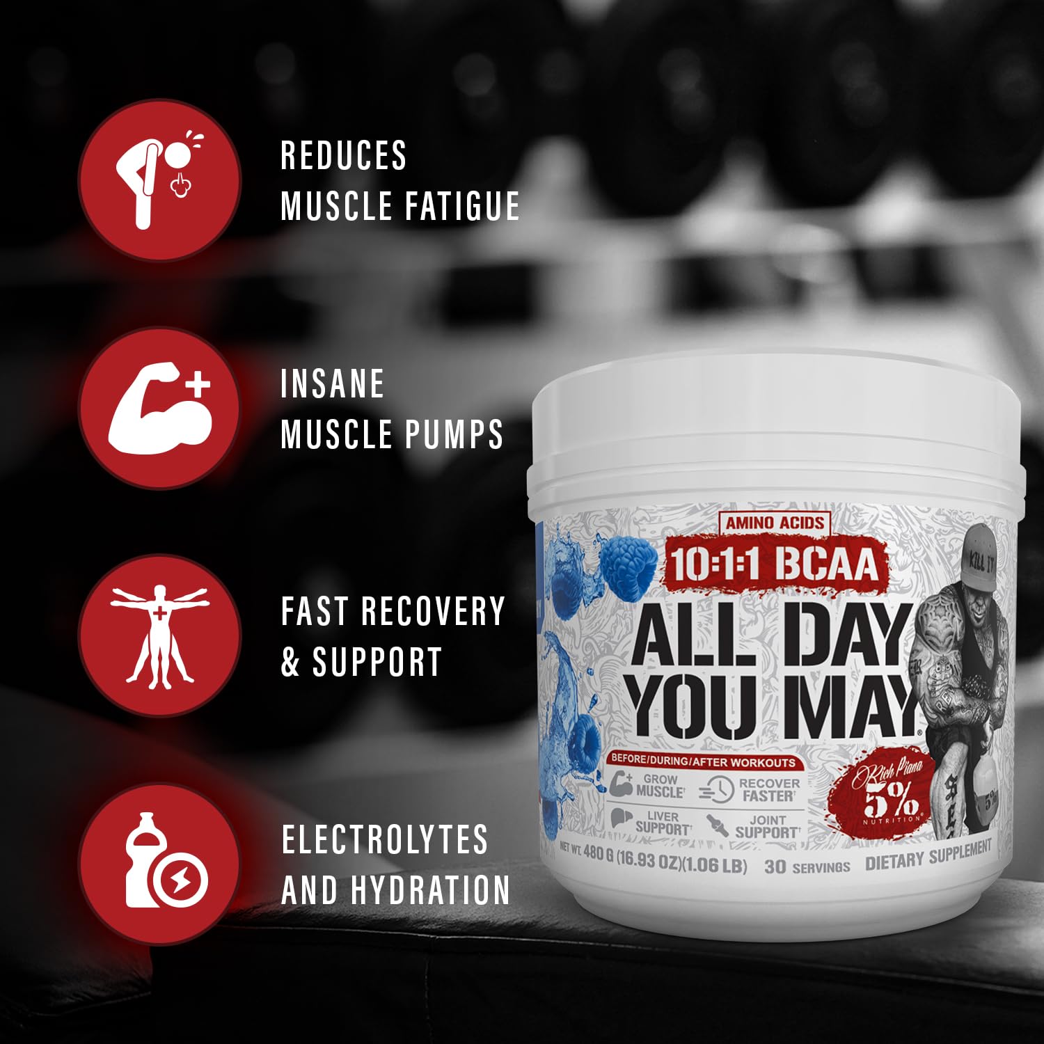 Rich Piana AllDayYouMay, combinación de aminoácidos para apoyar musculatura y recuperación