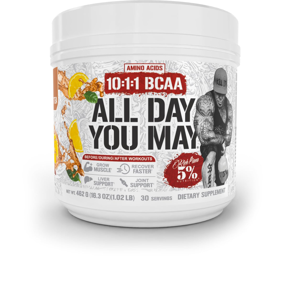 Rich Piana AllDayYouMay BCAA, polvo en bote de 16 oz, apoya la recuperación durante el entrenamiento