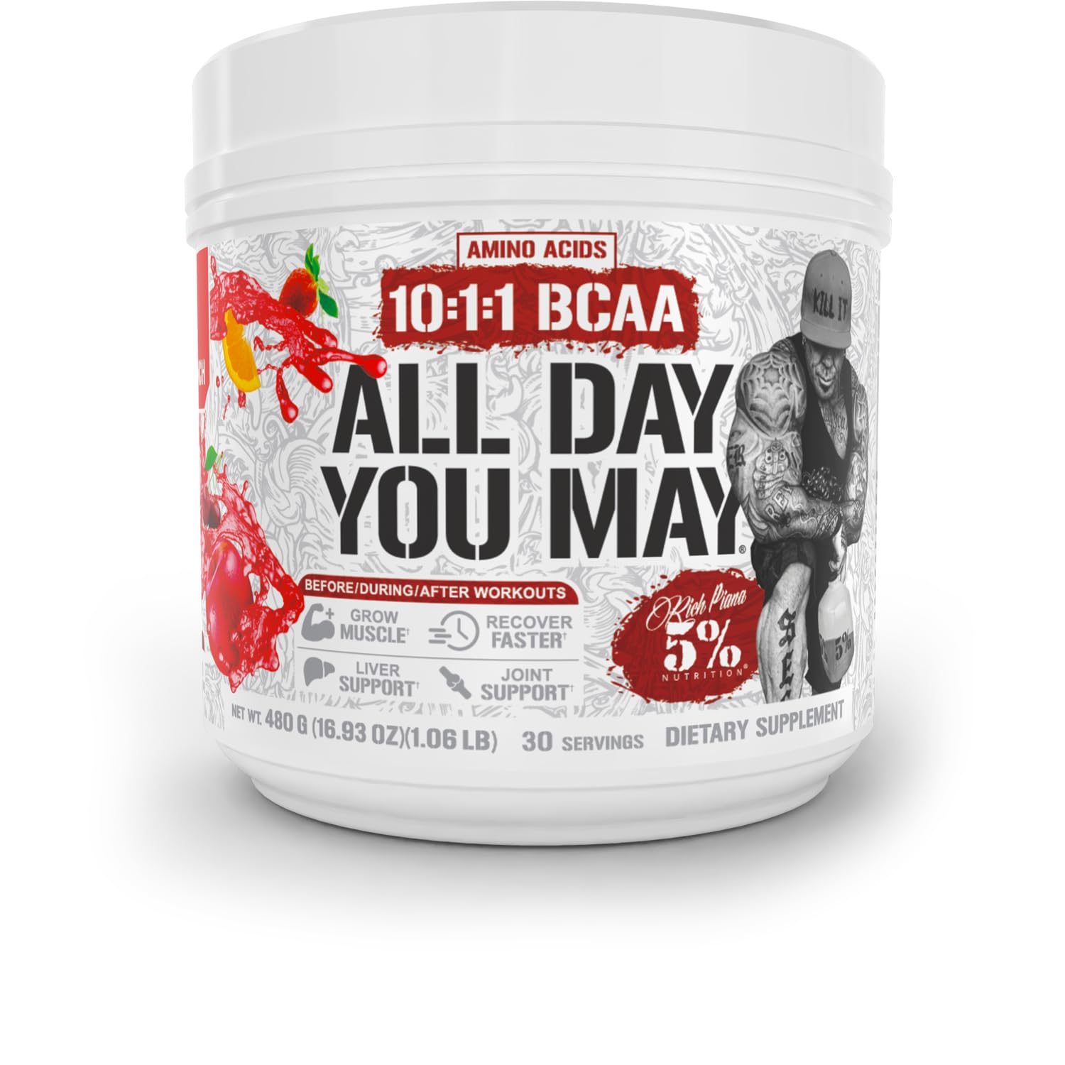 AllDayYouMay de 5% Nutrition en polvo, bote visible para recuperación muscular