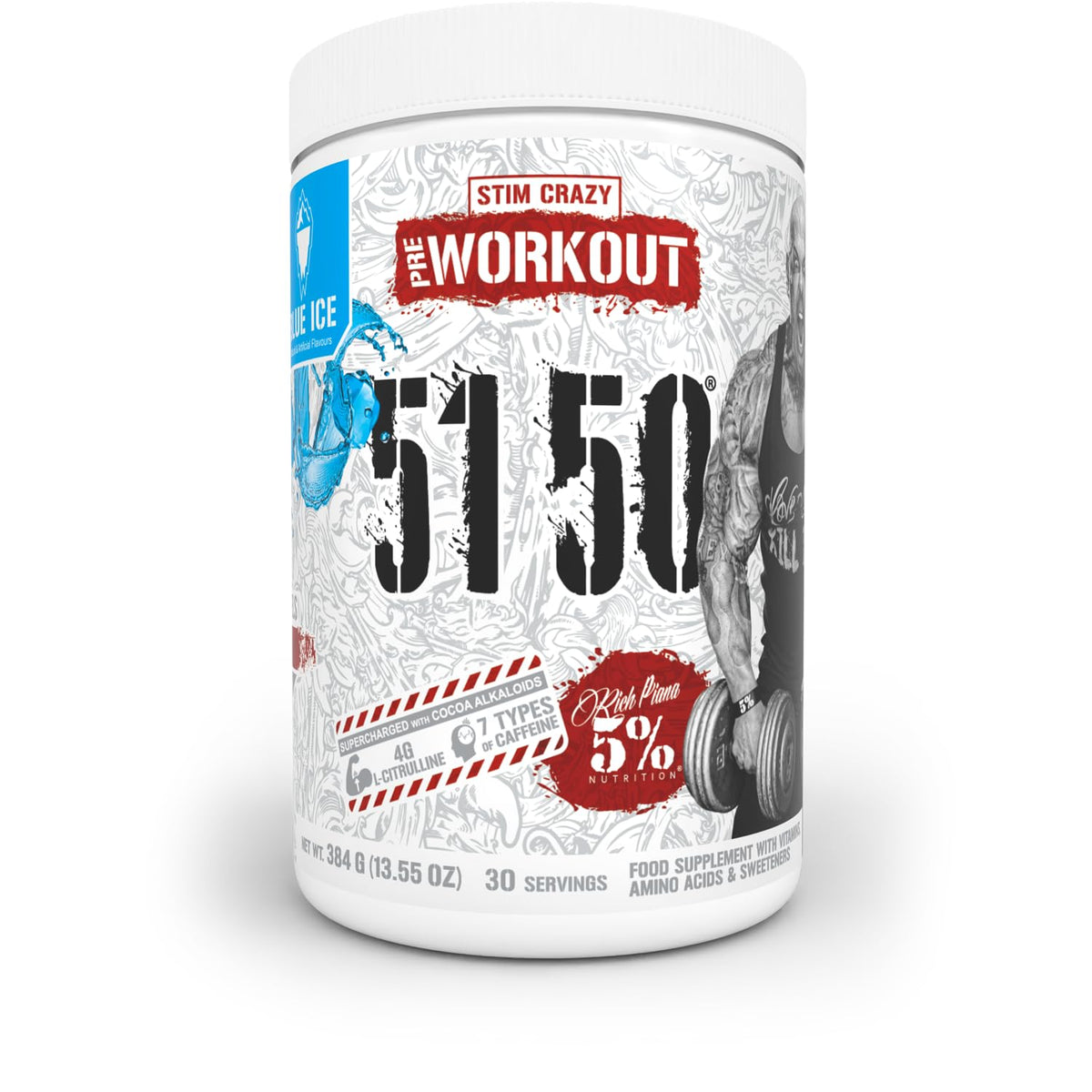 5% Nutrition Rich Piana 5150 ofrece energía extrema y bombeo para entrenamientos intensos.