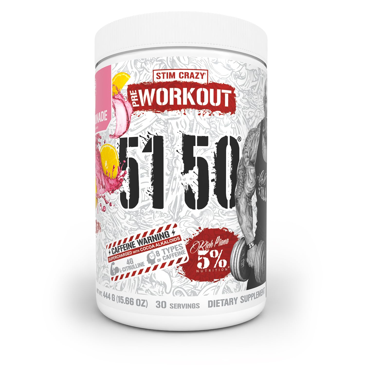 Rich Piana 5150 de 5% Nutrition, lata frontal, promete energía sostenida para entrenos intensos.