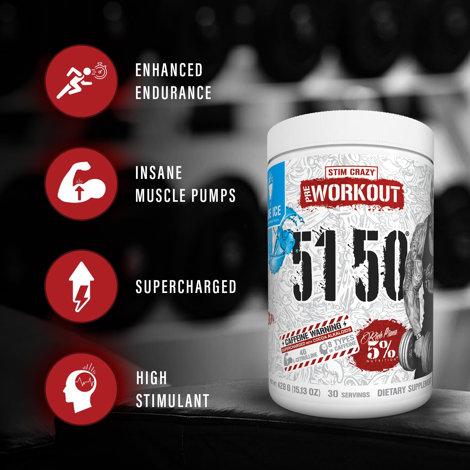 Polvo sabor Rocket Pop Rich Piana 5150 para energía duradera