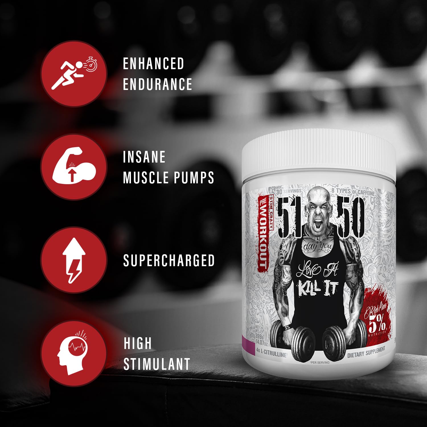 5% Nutrition Rich Piana 5150 mejora la resistencia y facilita la recuperación entre series.