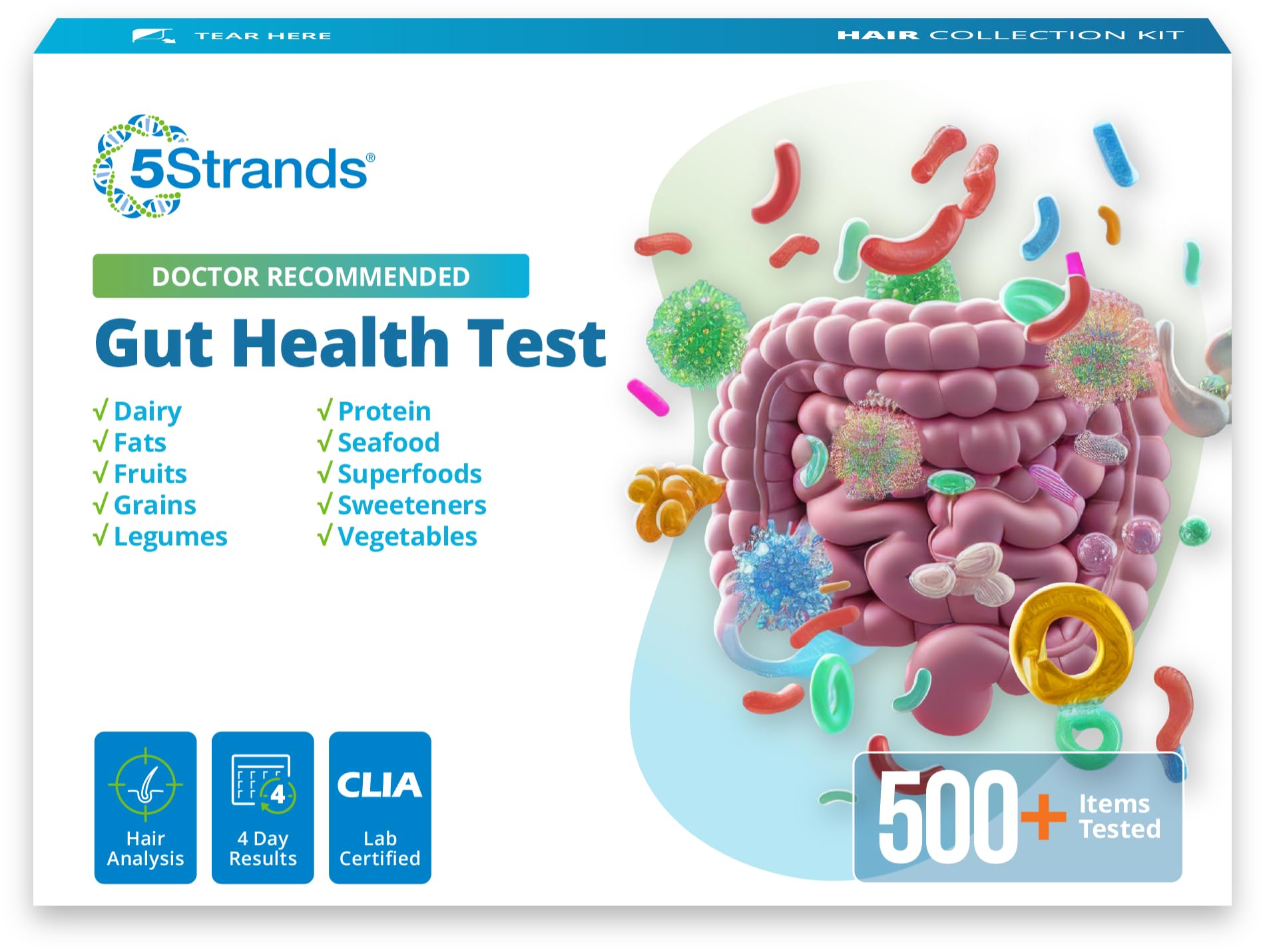 5Strands prueba de cabello para identificar desencadenantes alimentarios y bienestar intestinal.