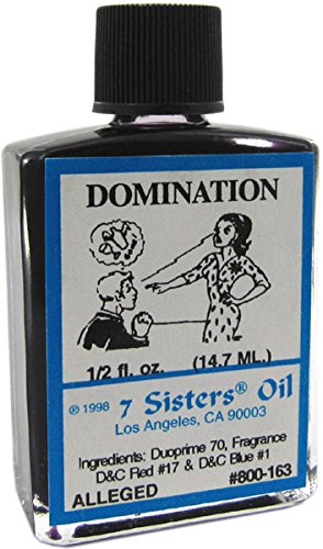 Aceite 7 Sisters Dominación, frasco de vidrio para rituales, uso ritual para concentración y determinación.
