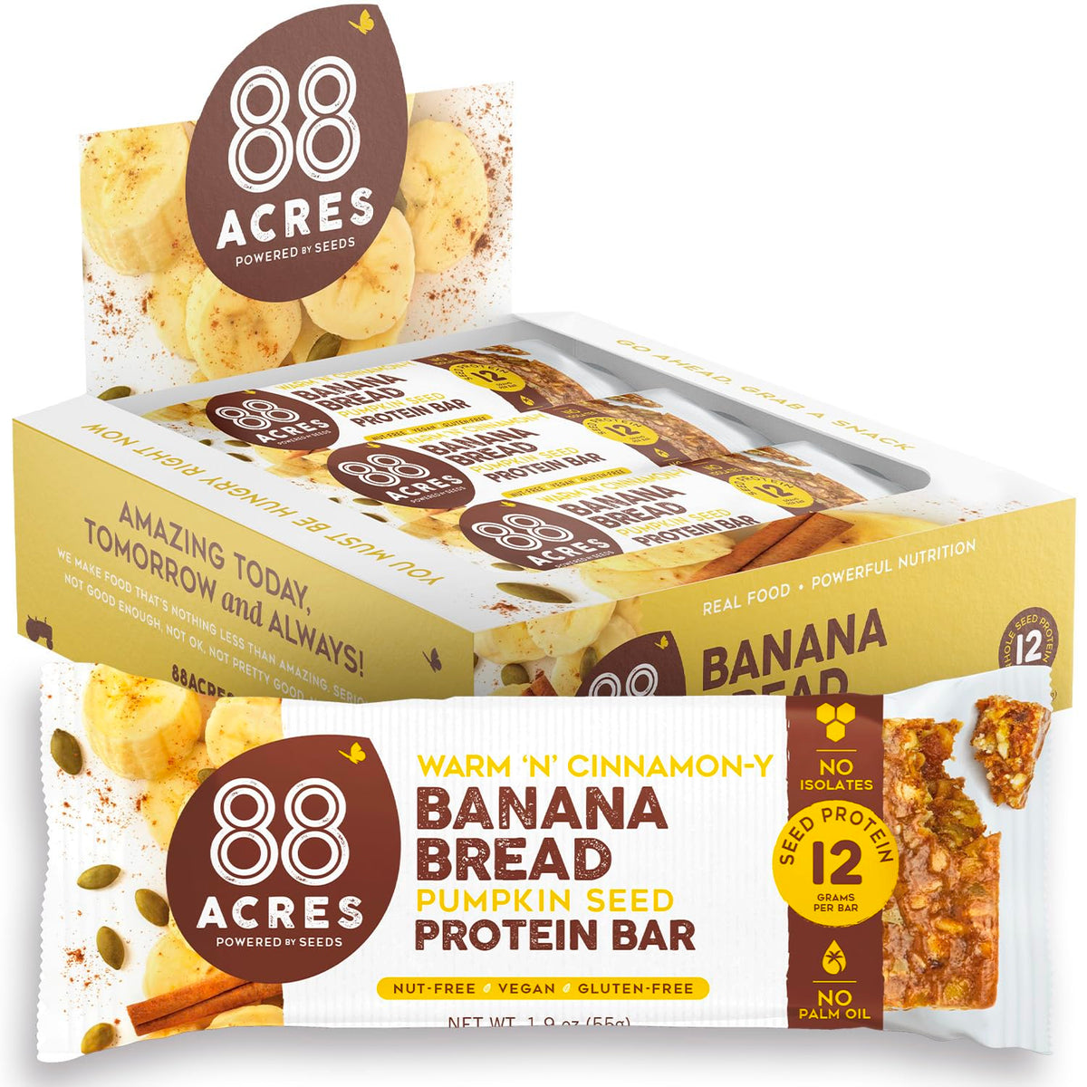 Barras 88 Acres en envase individual, snack proteico práctico para llevar al colegio
