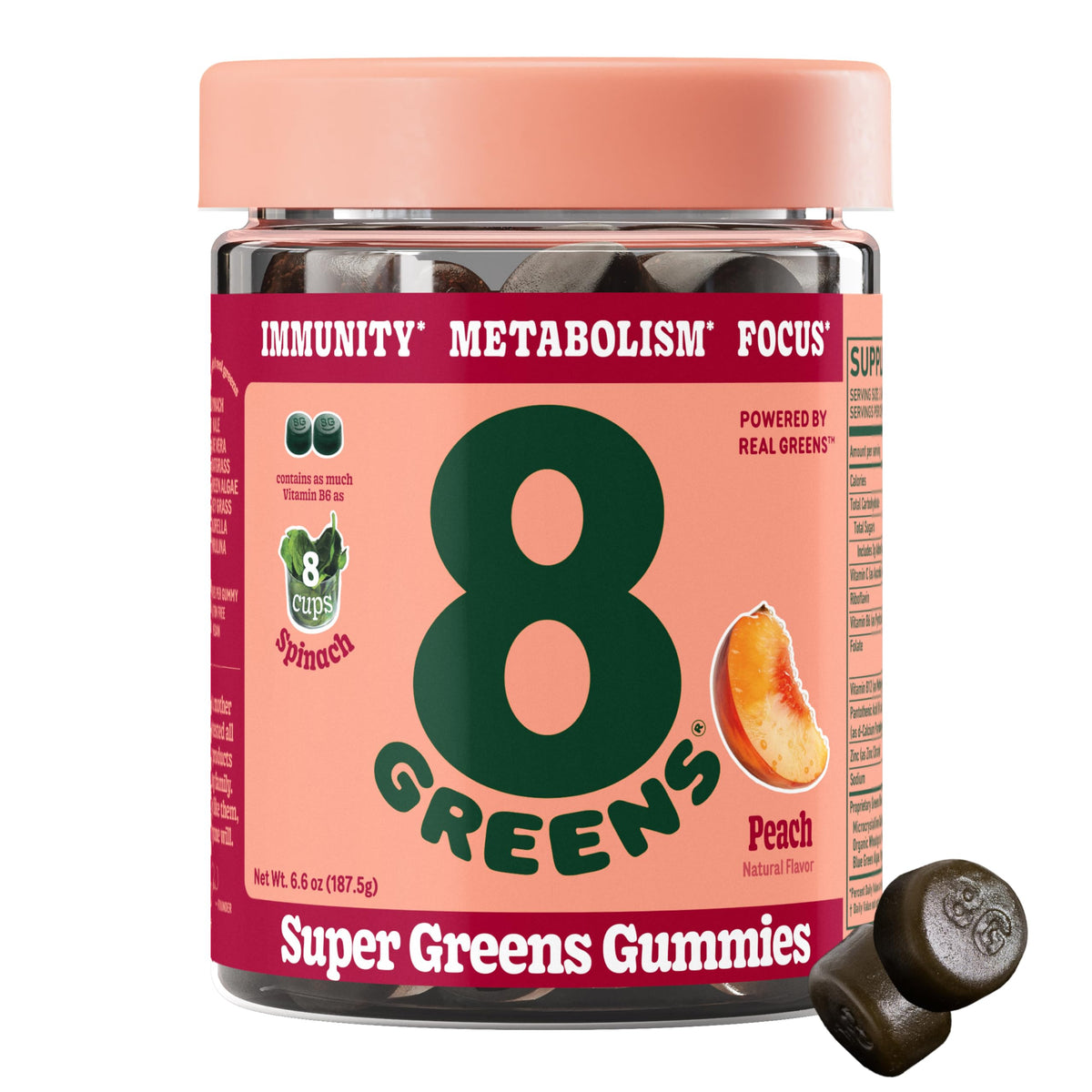 Gominolas 8Greens en frasco con sabor durazno, snack diario práctico.