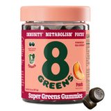 Gominolas 8Greens en frasco con sabor durazno, snack diario práctico.