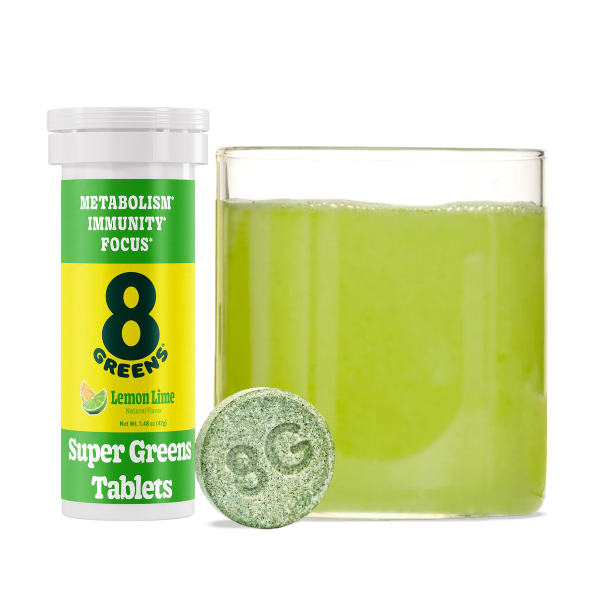 8greens tabletas supergreens: empaque práctico y sabor cítrico para empezar el día.