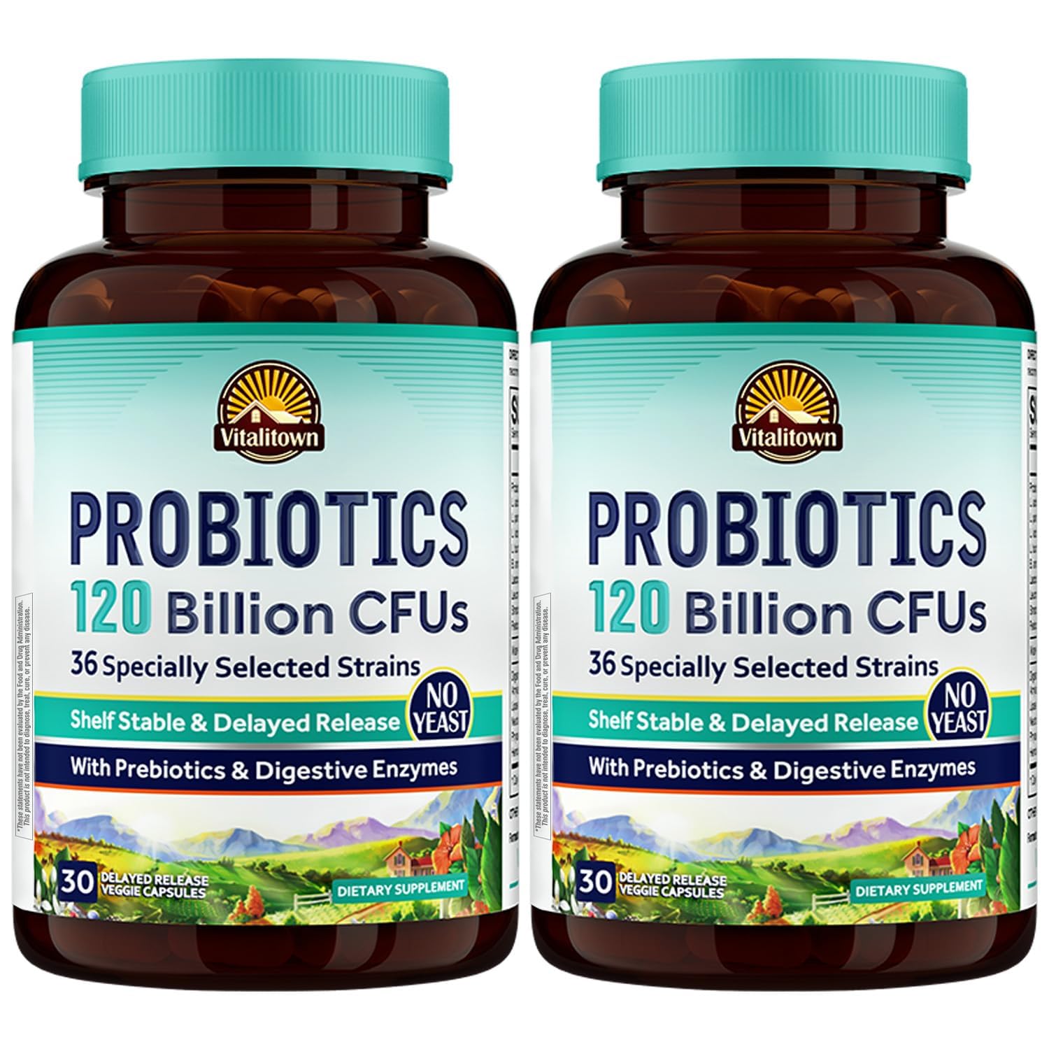 Vitalitown Probióticos: botella frontal con 120 mil millones UFCs para apoyo digestivo.