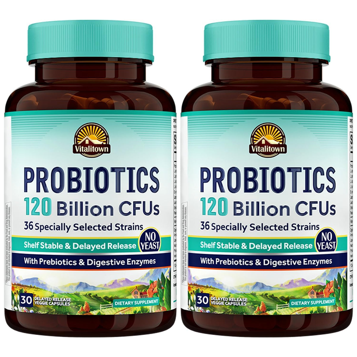 Vitalitown Probióticos: botella frontal con 120 mil millones UFCs para apoyo digestivo.