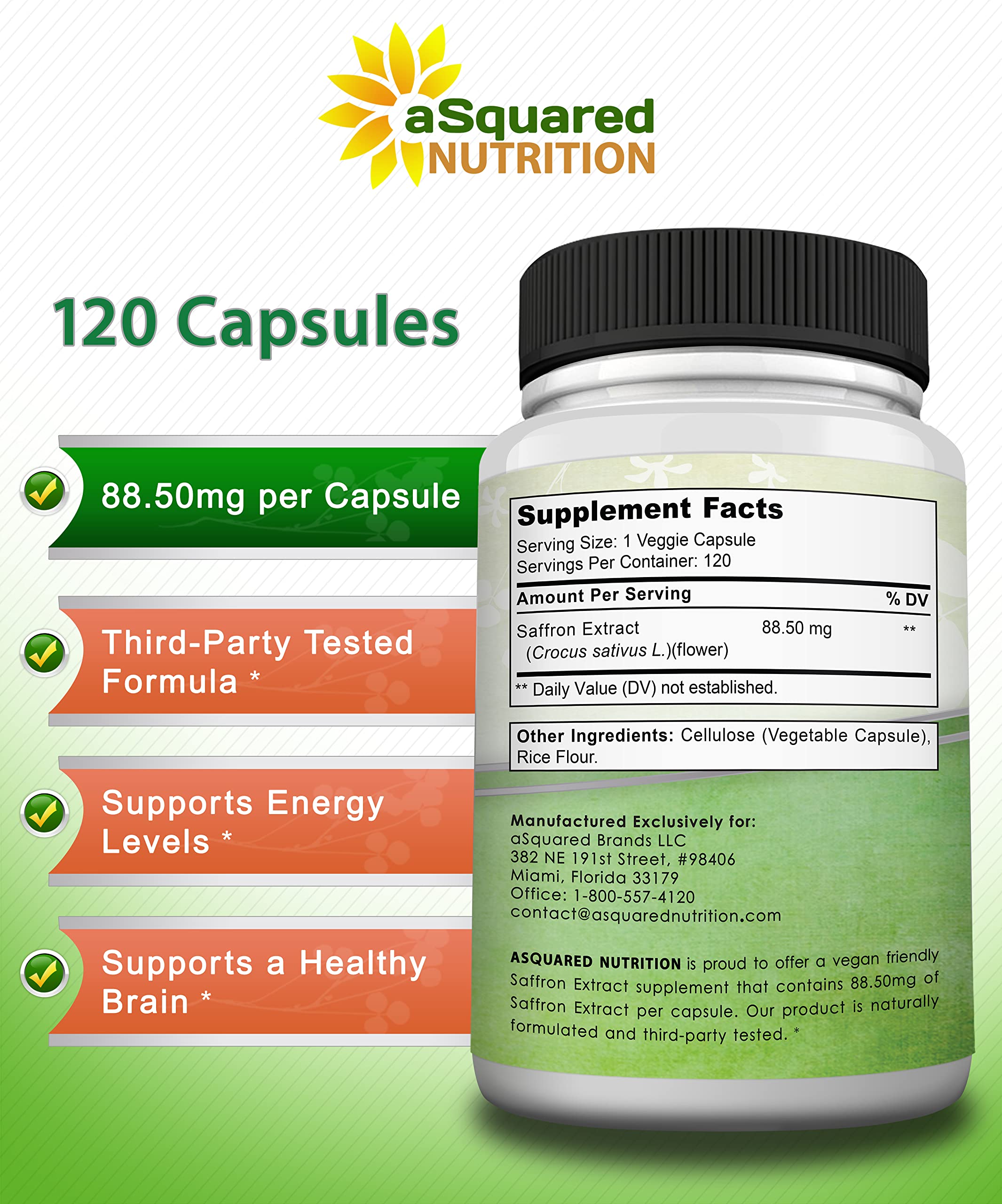 aSquared Nutrition azafrán cápsulas en estantería, envase compacto y práctico.