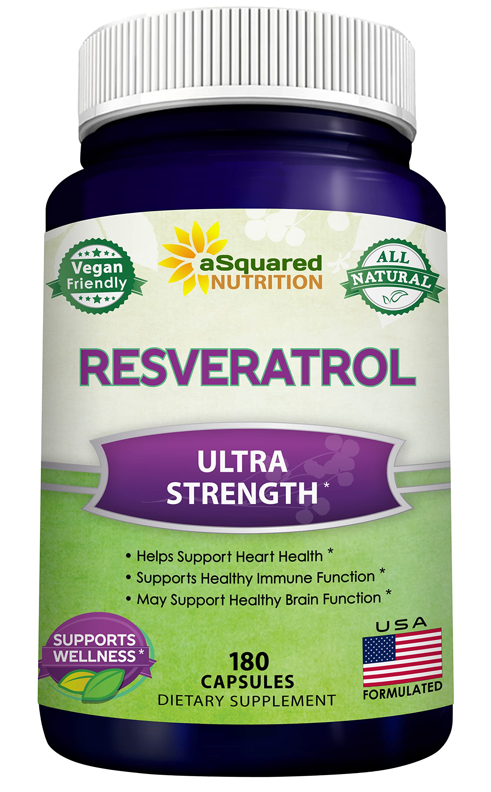 aSquared Nutrition Resveratrol botella: apoyo antioxidante diario en un envase práctico.