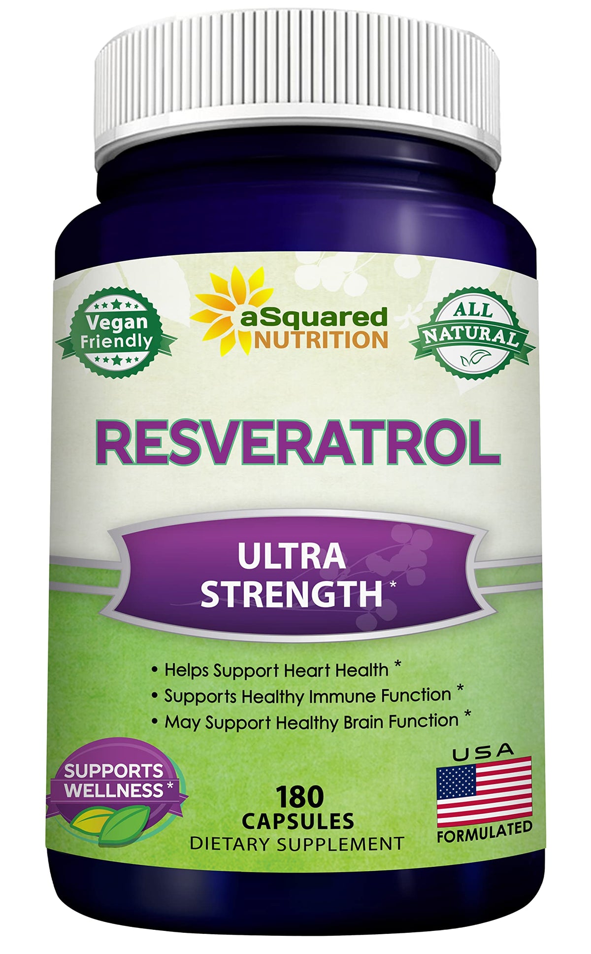 aSquared Nutrition Resveratrol botella: apoyo antioxidante diario en un envase práctico.