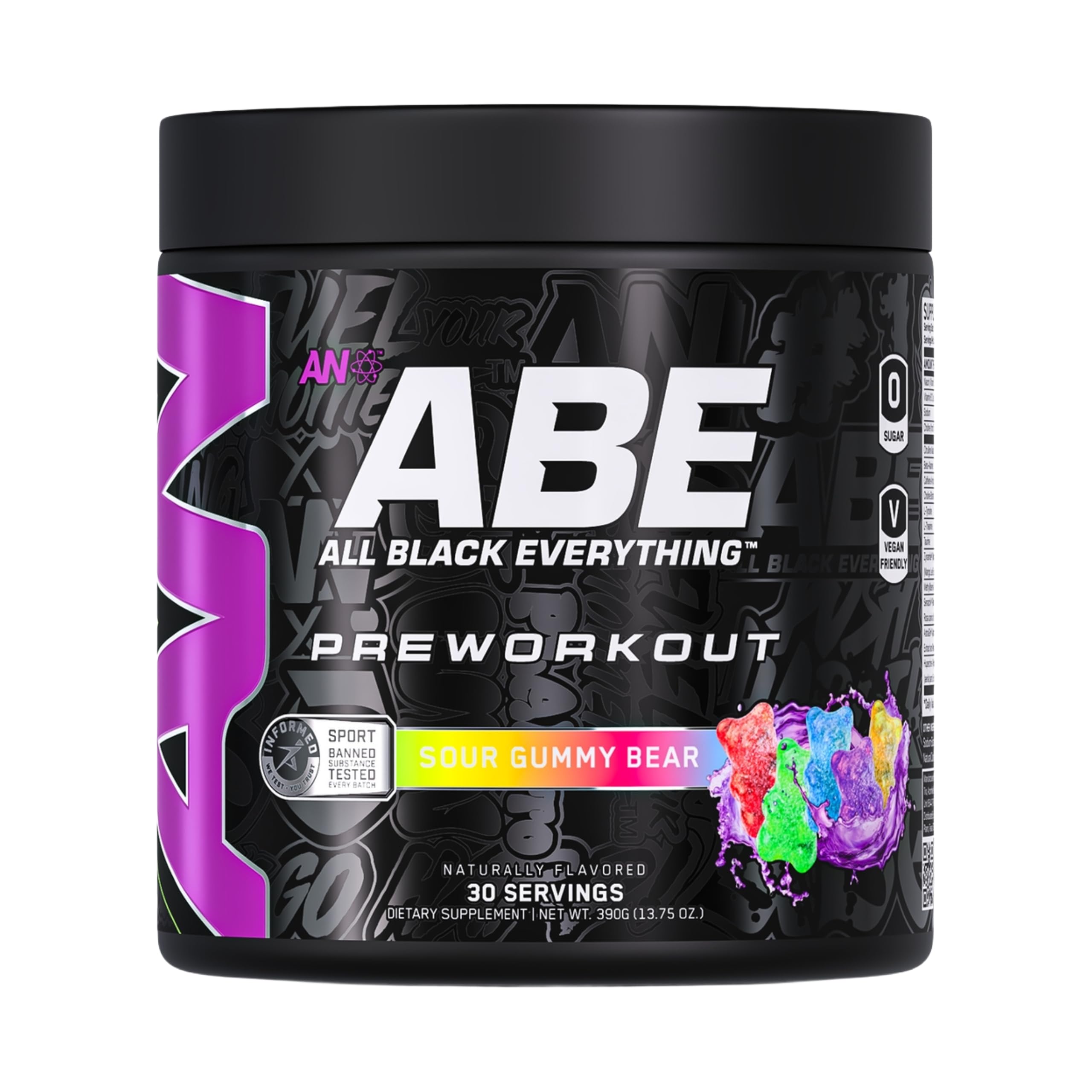 ABE All Black Everything pote muestra envase y energía sostenida para entrenos