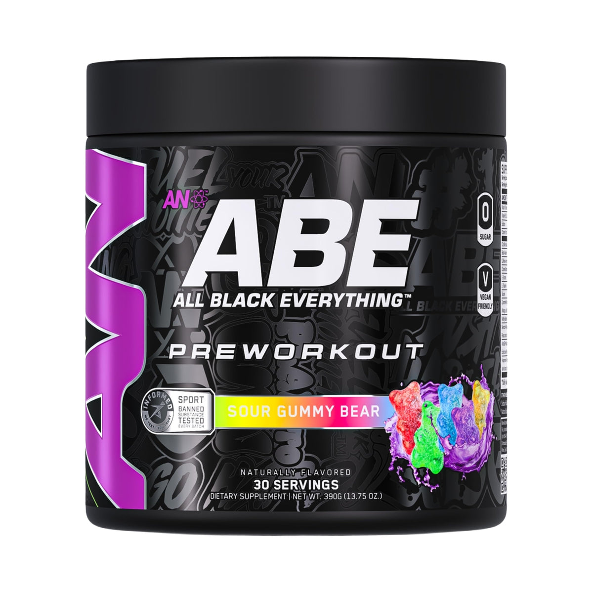 ABE All Black Everything pote muestra envase y energía sostenida para entrenos