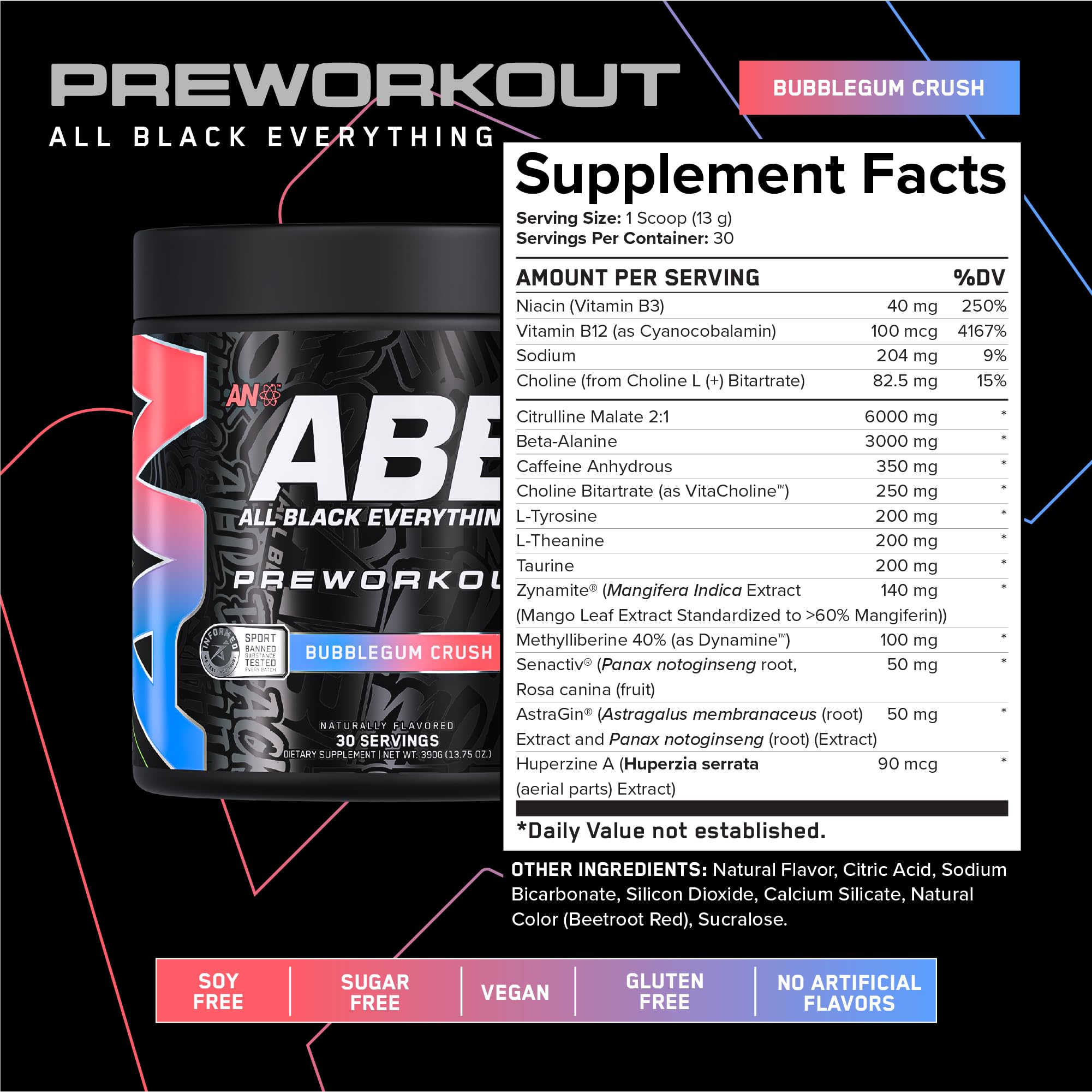 ABE All Black Everything Preentrenamiento Bubblegum Crush muestra el envase para energía sostenida