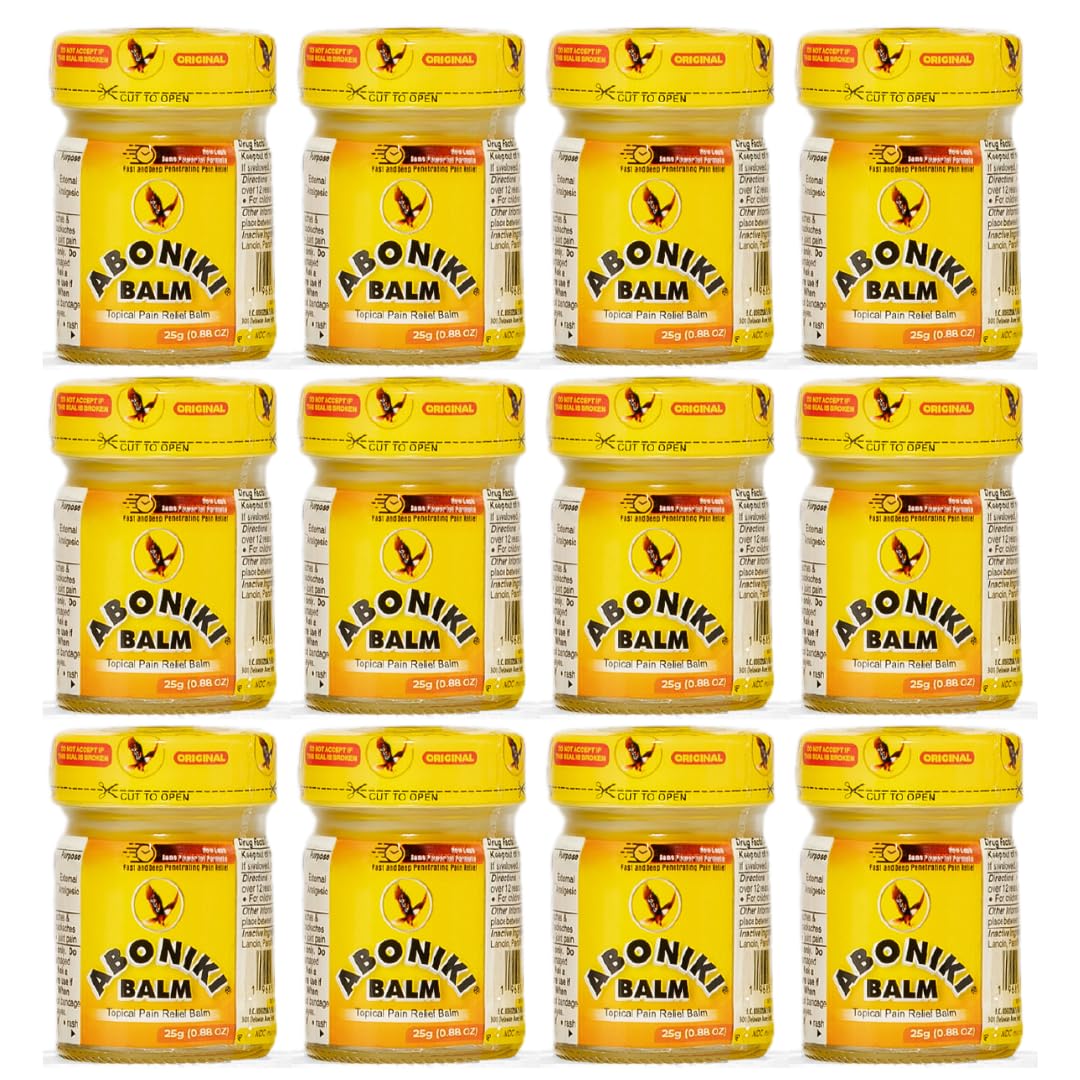 Aboniki Balm, paquete de 12 frascos de vidrio para alivio percibido en dolor muscular.