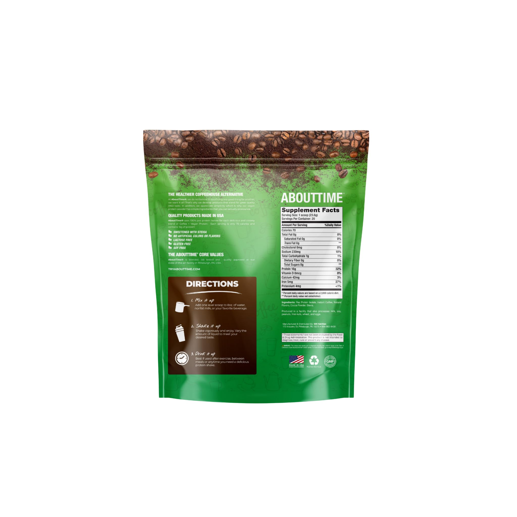 About Time Coffee + Vegan Protein Mochaccino: cuchara medidora para porciones precisas.
