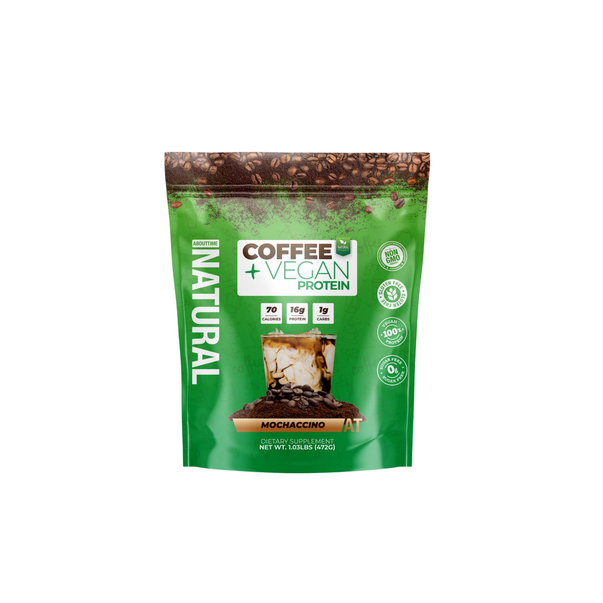 About Time Coffee + Vegan Protein Mochaccino: empaque práctico para almacenamiento seguro.