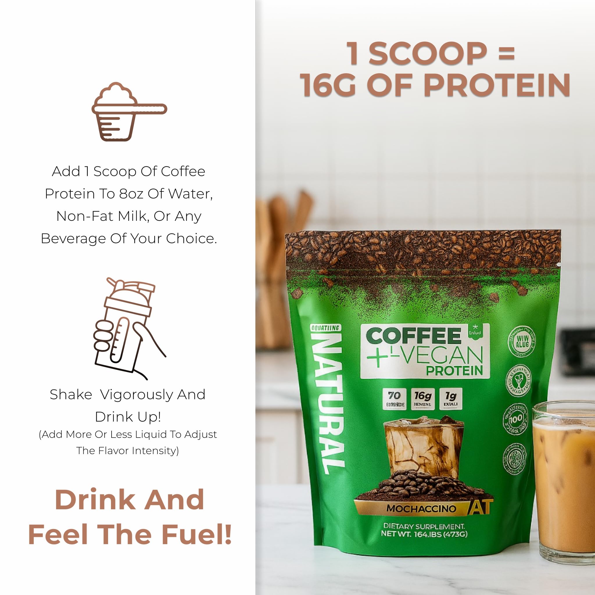 About Time Coffee + Vegan Protein Mochaccino: ingredientes naturales para una proteína limpia.