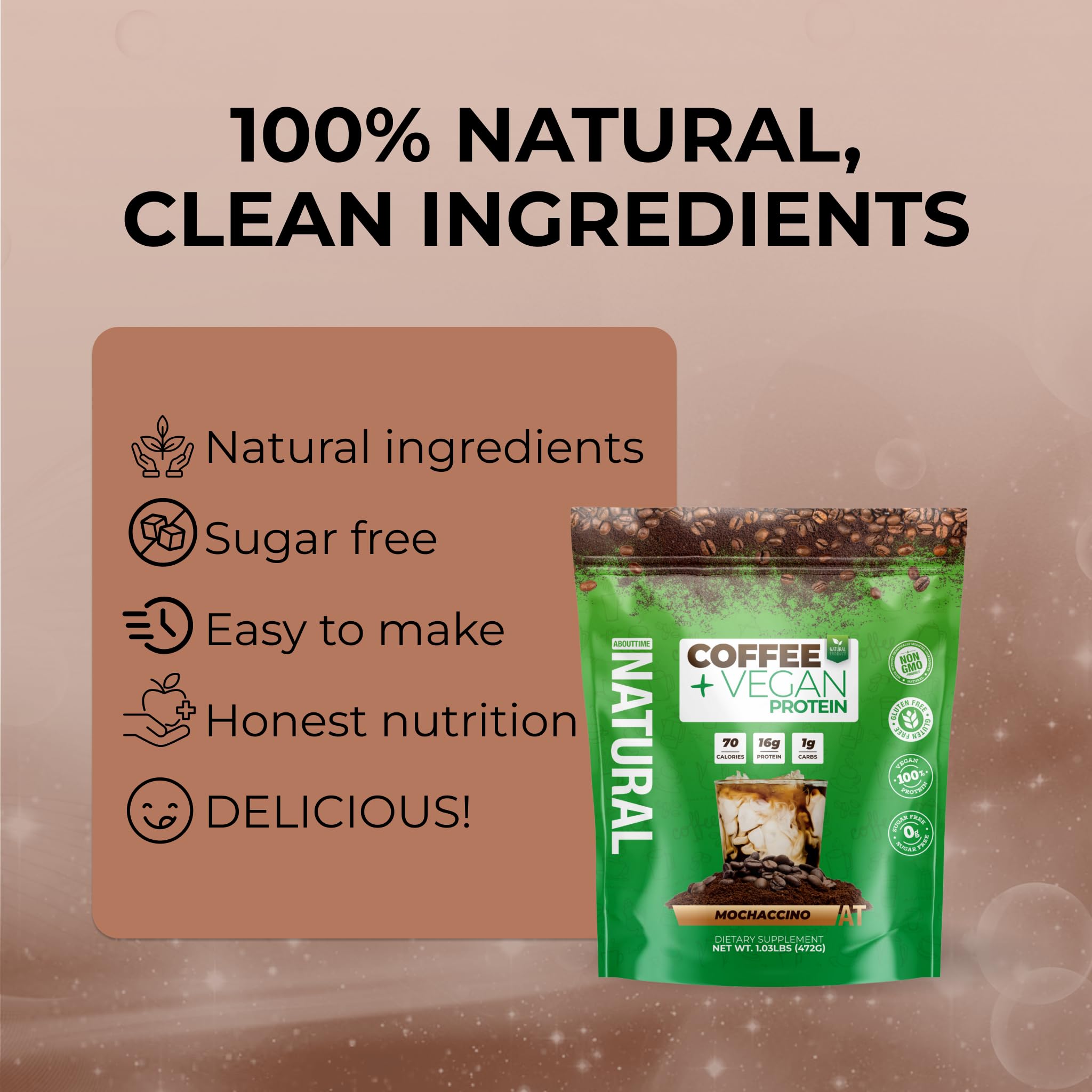 About Time Coffee + Vegan Protein Mochaccino: taza lista para servir con aroma estimulante.