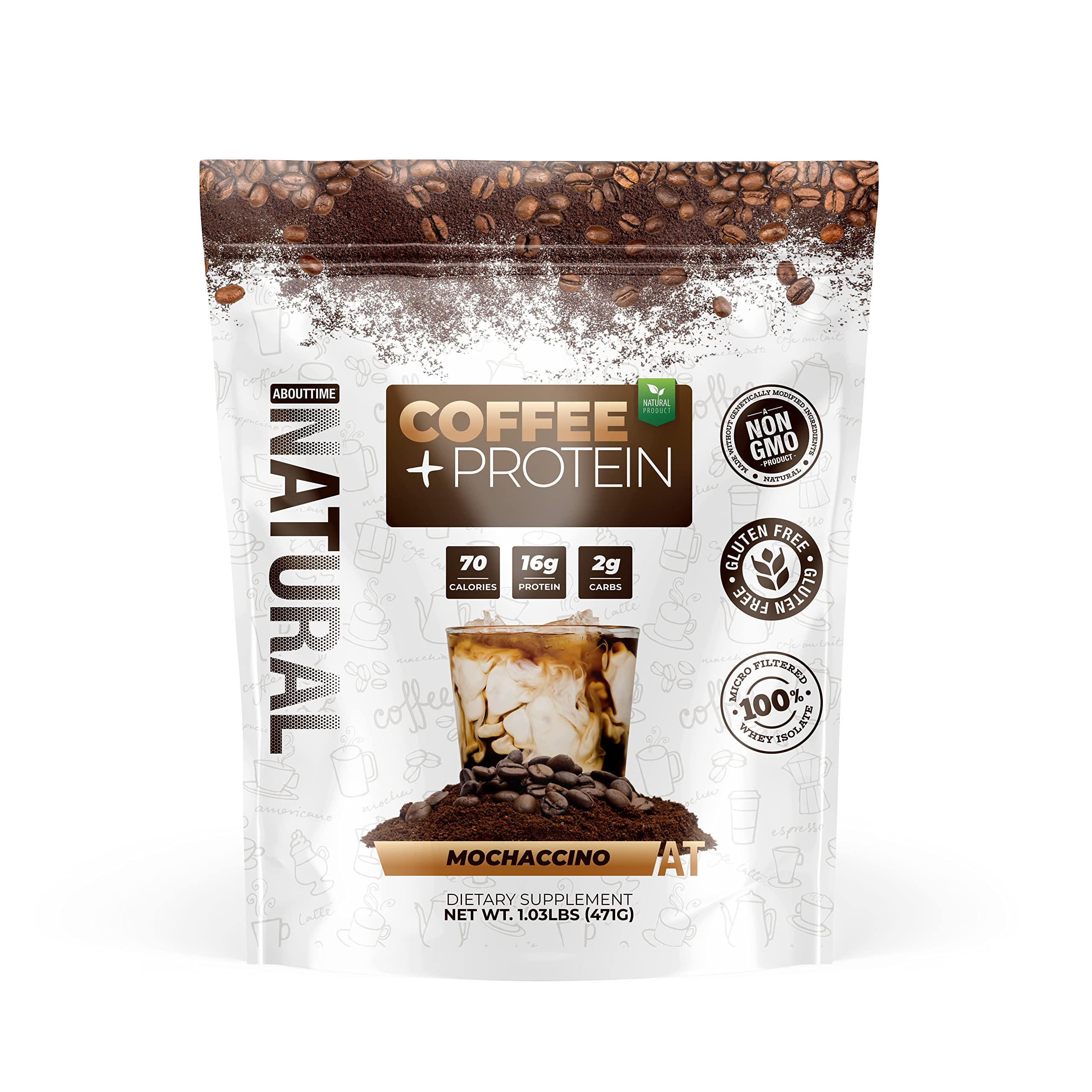 About Time Coffee + Whey Protein, empaque frontal, ideal para empezar el día con proteína.