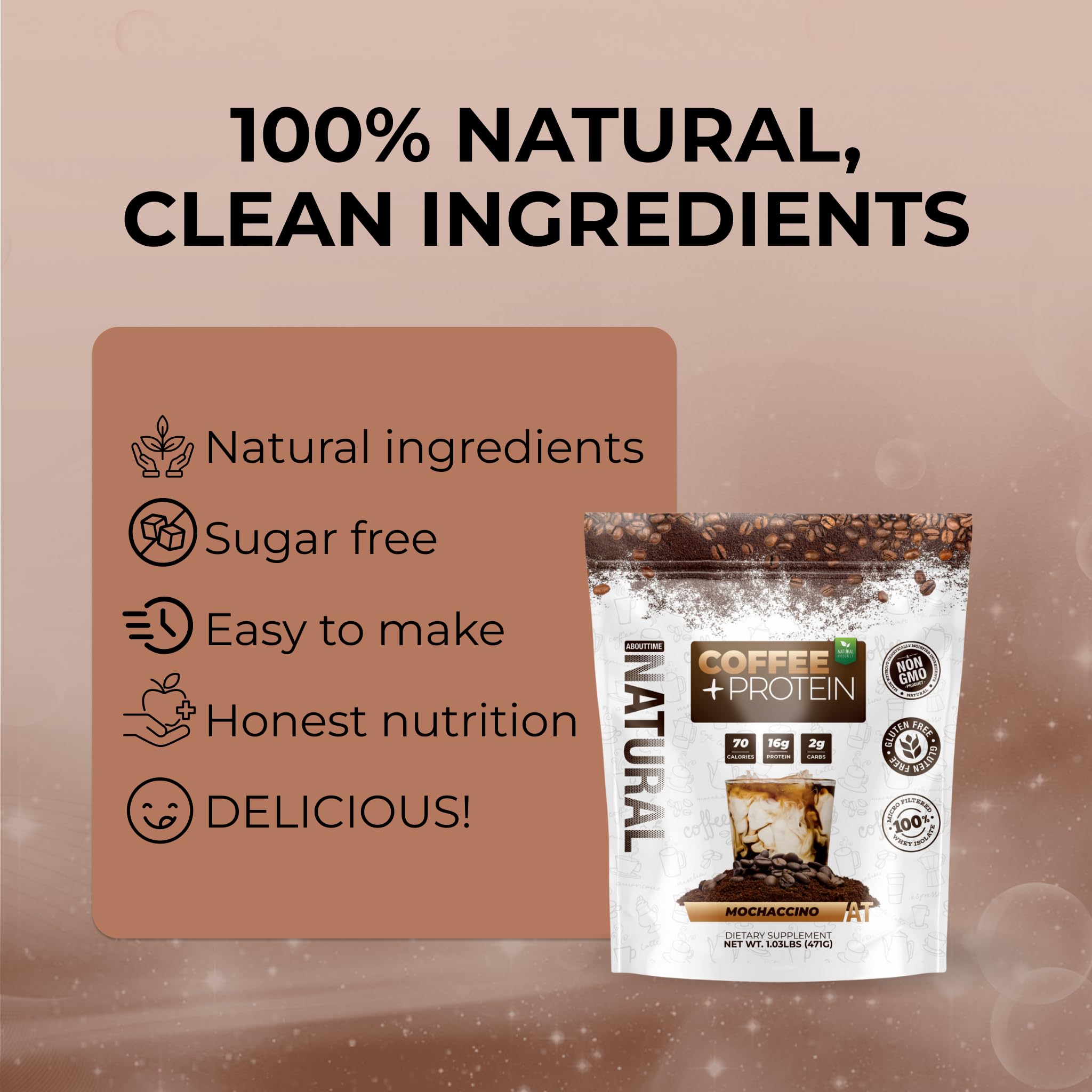 About Time Coffee + Whey Protein, shaker, mezcla suave sin grumos para días ocupados.