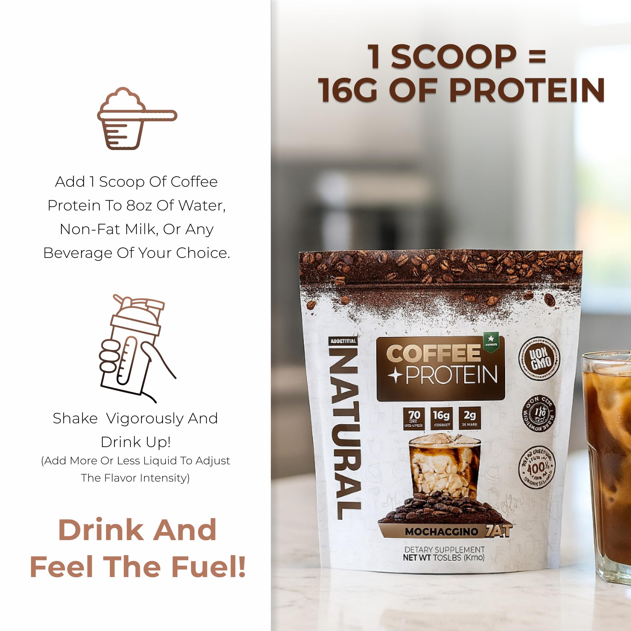 About Time Coffee + Whey Protein, taza lista para disfrutar un batido de café proteico.
