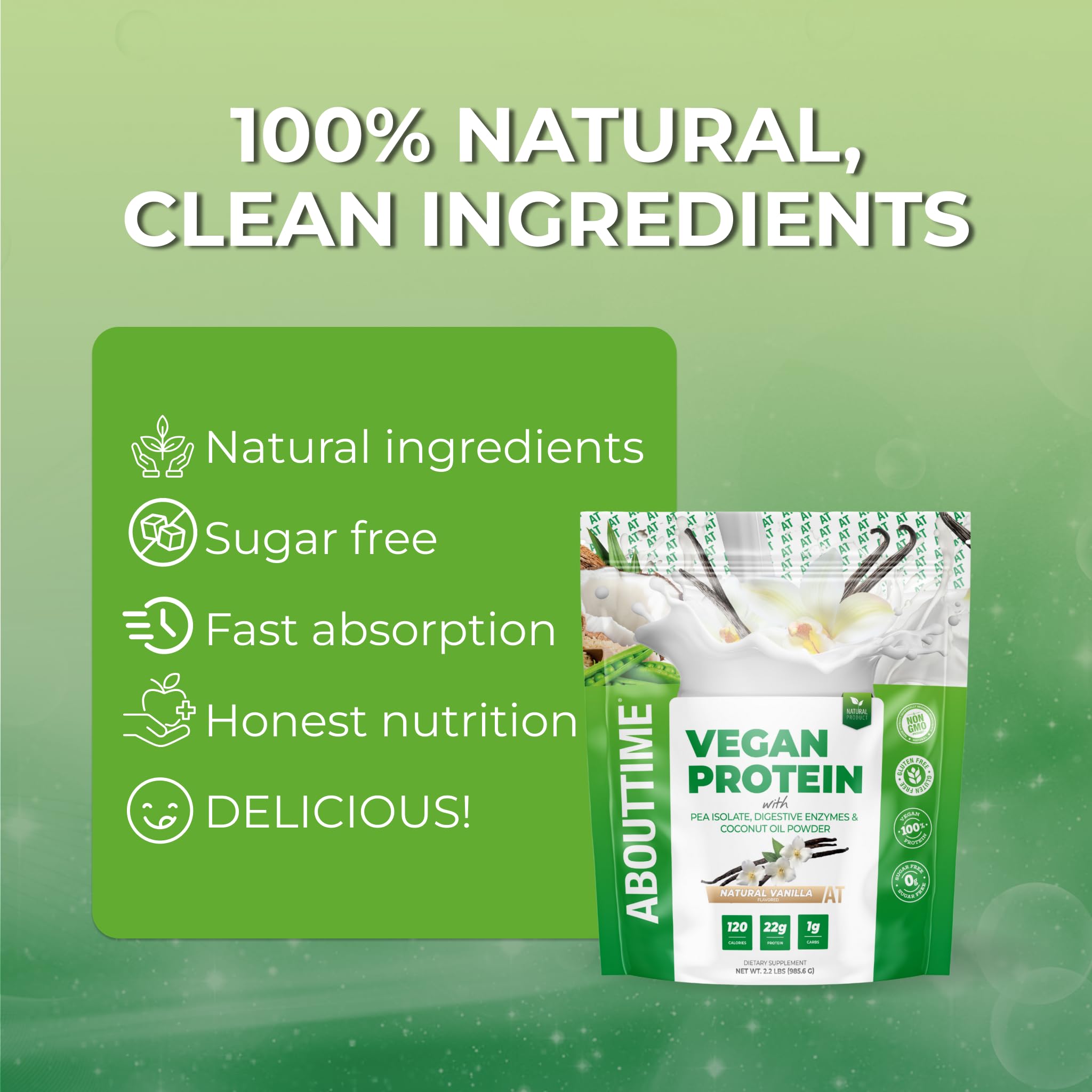 About Time proteína vegana vainilla: detalle de sabor suave para snack.