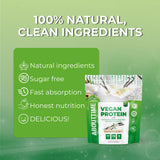 About Time proteína vegana vainilla: detalle de sabor suave para snack.