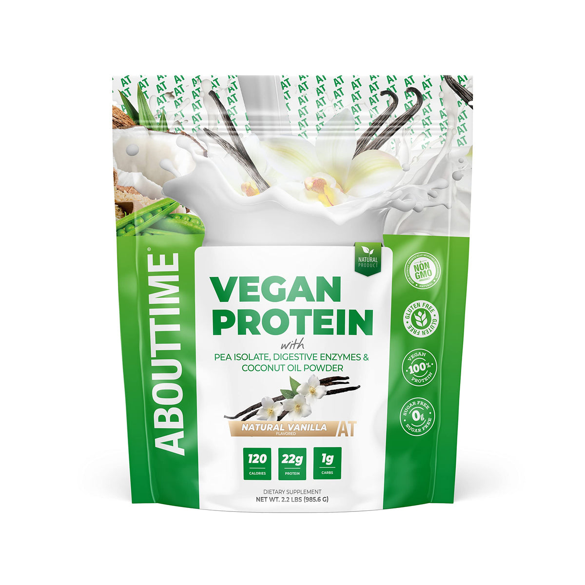 About Time proteína vegana vainilla: etiqueta clara con ingredientes simples para desayuno rápido.