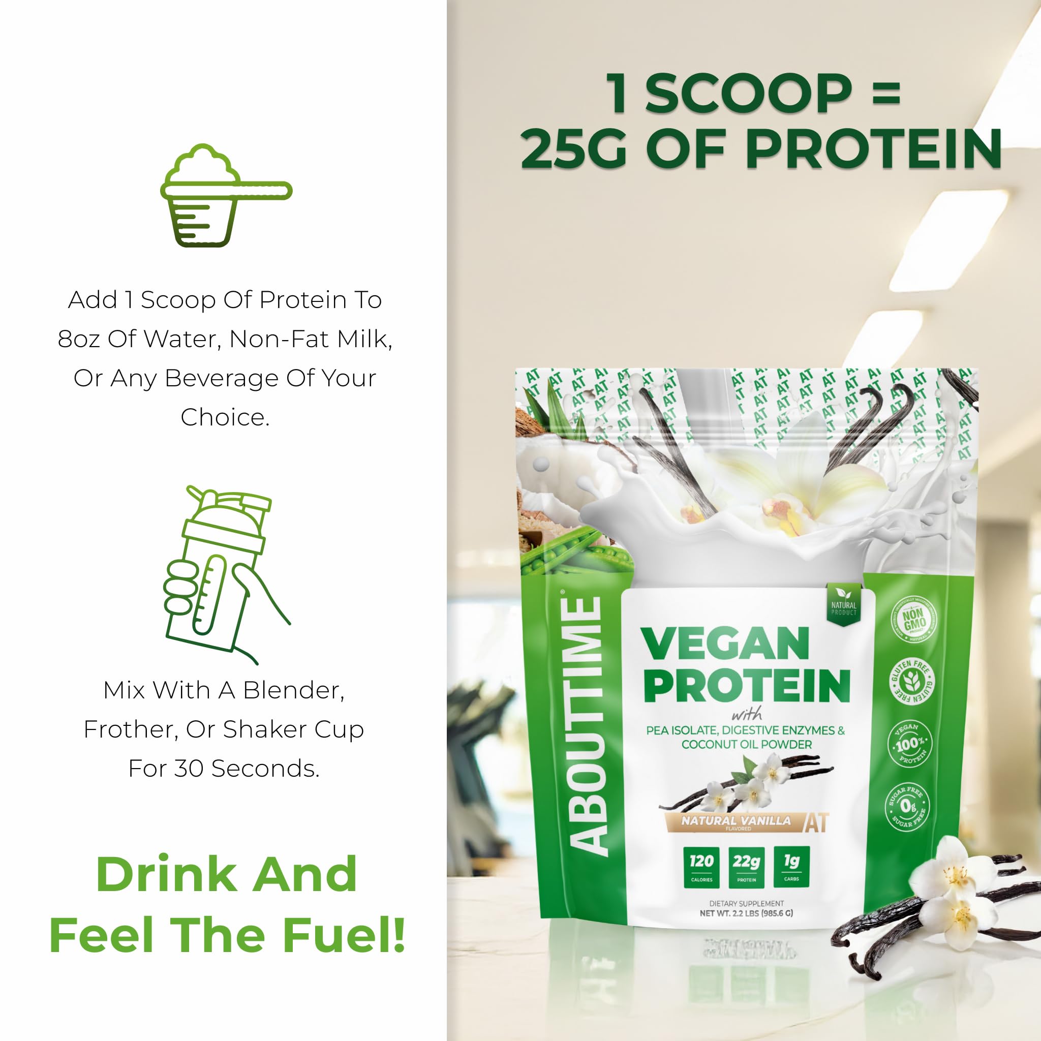 About Time proteína vegana vainilla: proceso de mezcla sin grumos.