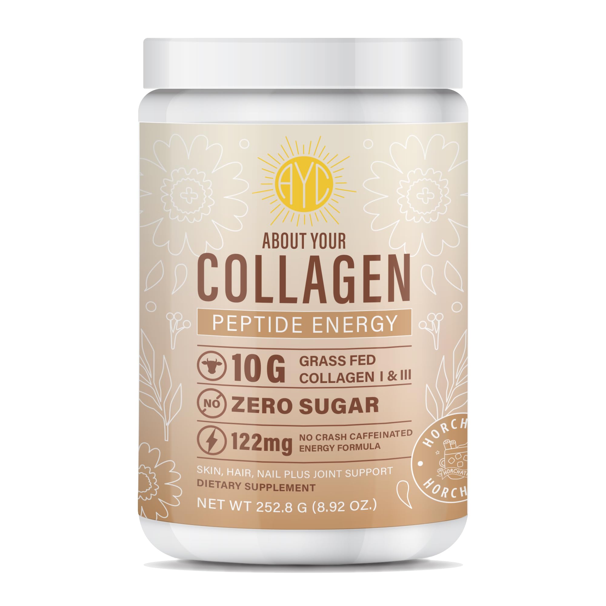 ABOUT YOUR COLLAGEN Horchata: empaque y etiqueta claras para una compra confiable.