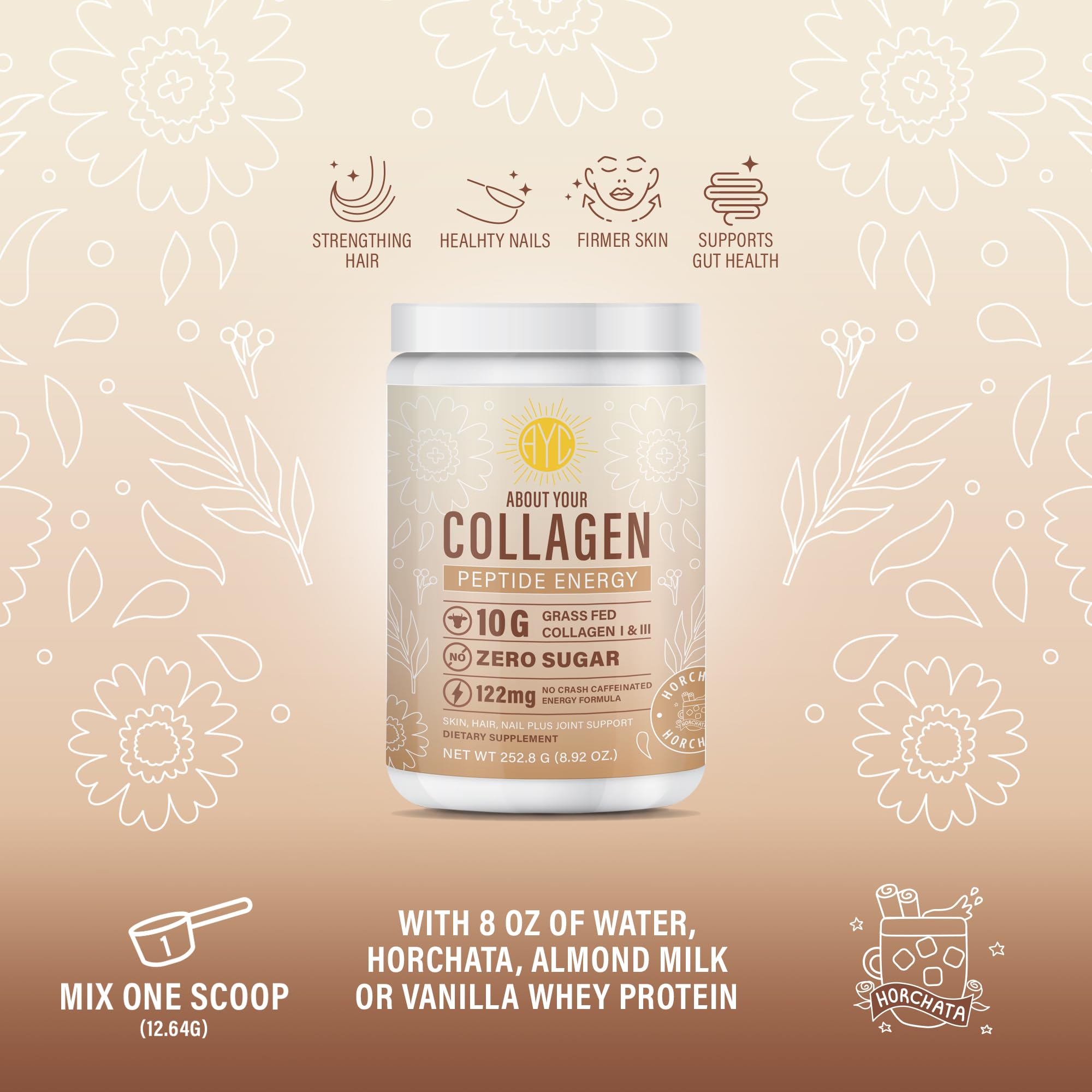 ABOUT YOUR COLLAGEN Horchata: lista de ingredientes clave para nutrición diaria.
