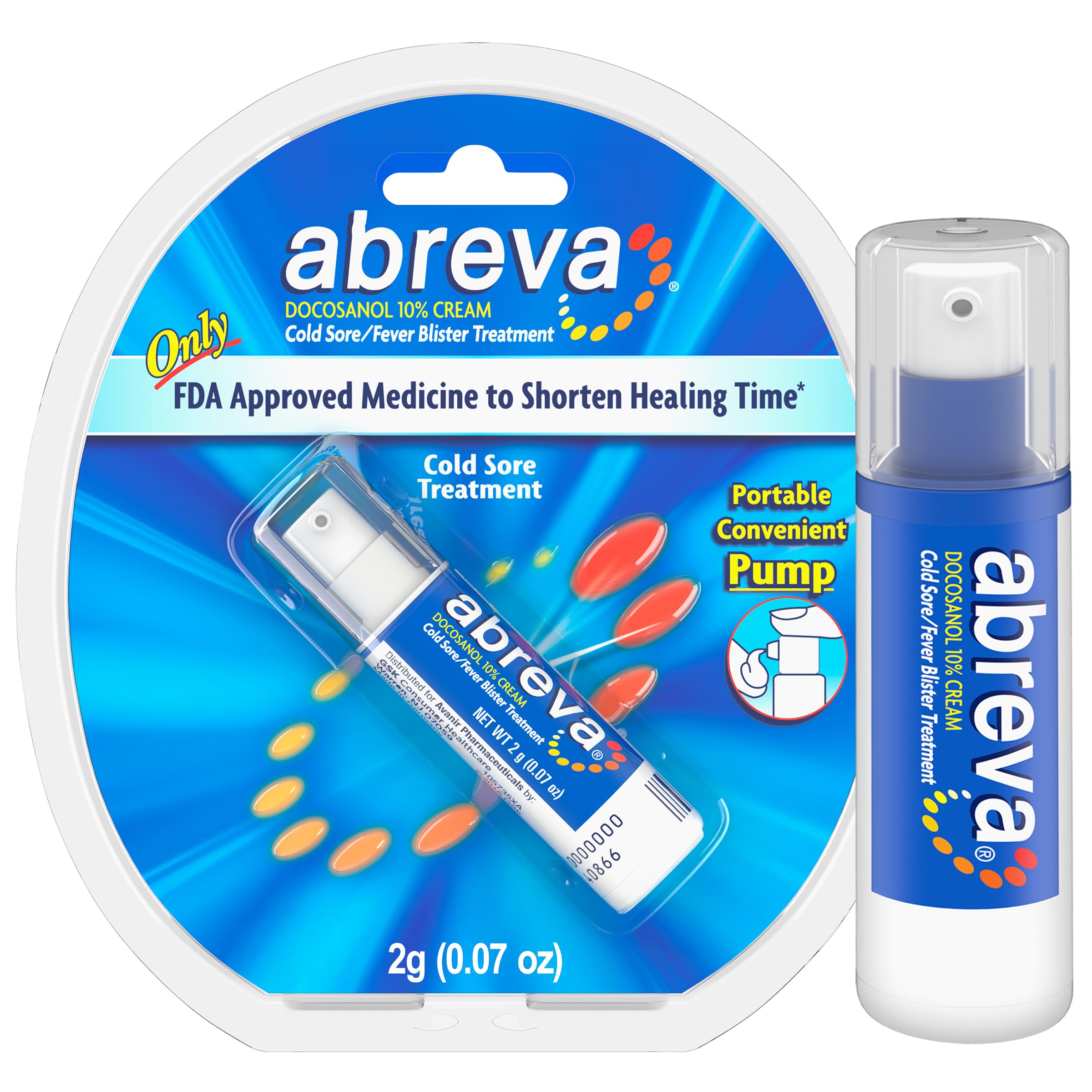 Abreva 10% Docosanol bote con bomba para uso rápido y portátil.